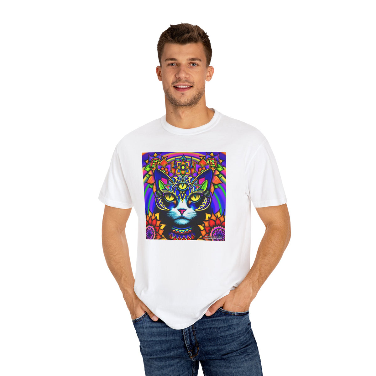 Psychedelic Cat T-Shirt, Vibrant Cat Tee, Unisex Graphic Shirt, Bohemian Style Top, Artistic Gift for Cat Lovers