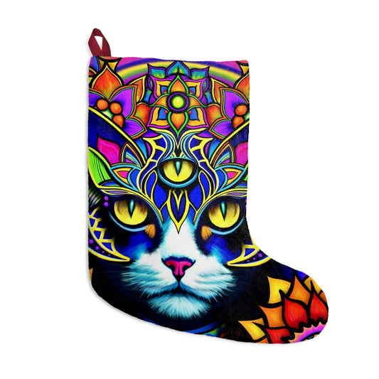Psychedelic Cat Christmas Stocking | Colorful Holiday Decor, Unique Gift, Pet Lover's Stocking, Vibrant Xmas Decoration