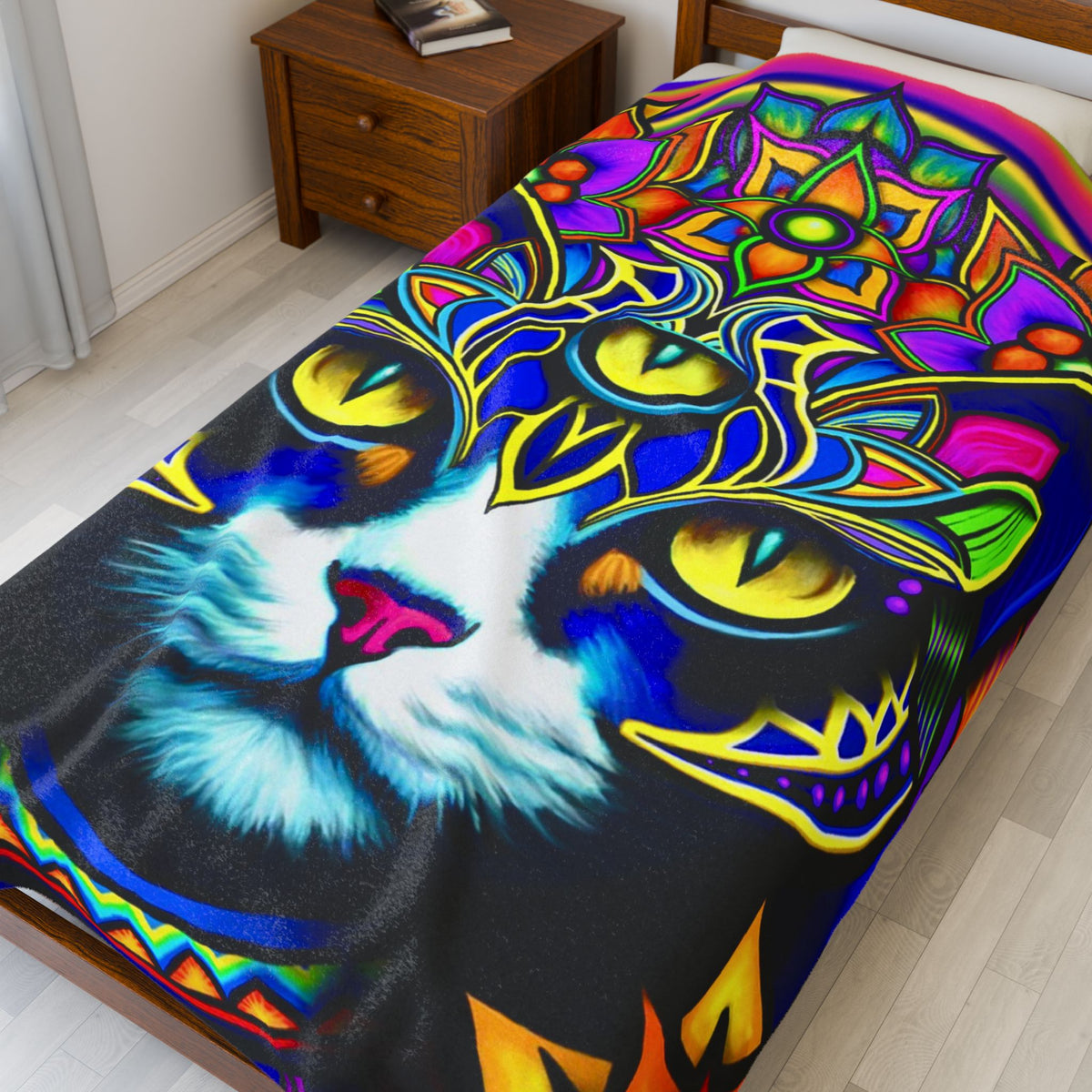 Psychedelic Cat Plush Blanket, Cozy Cat Throw, Colorful Home Decor, Cat Lovers Gift, Unique Living Room Accent