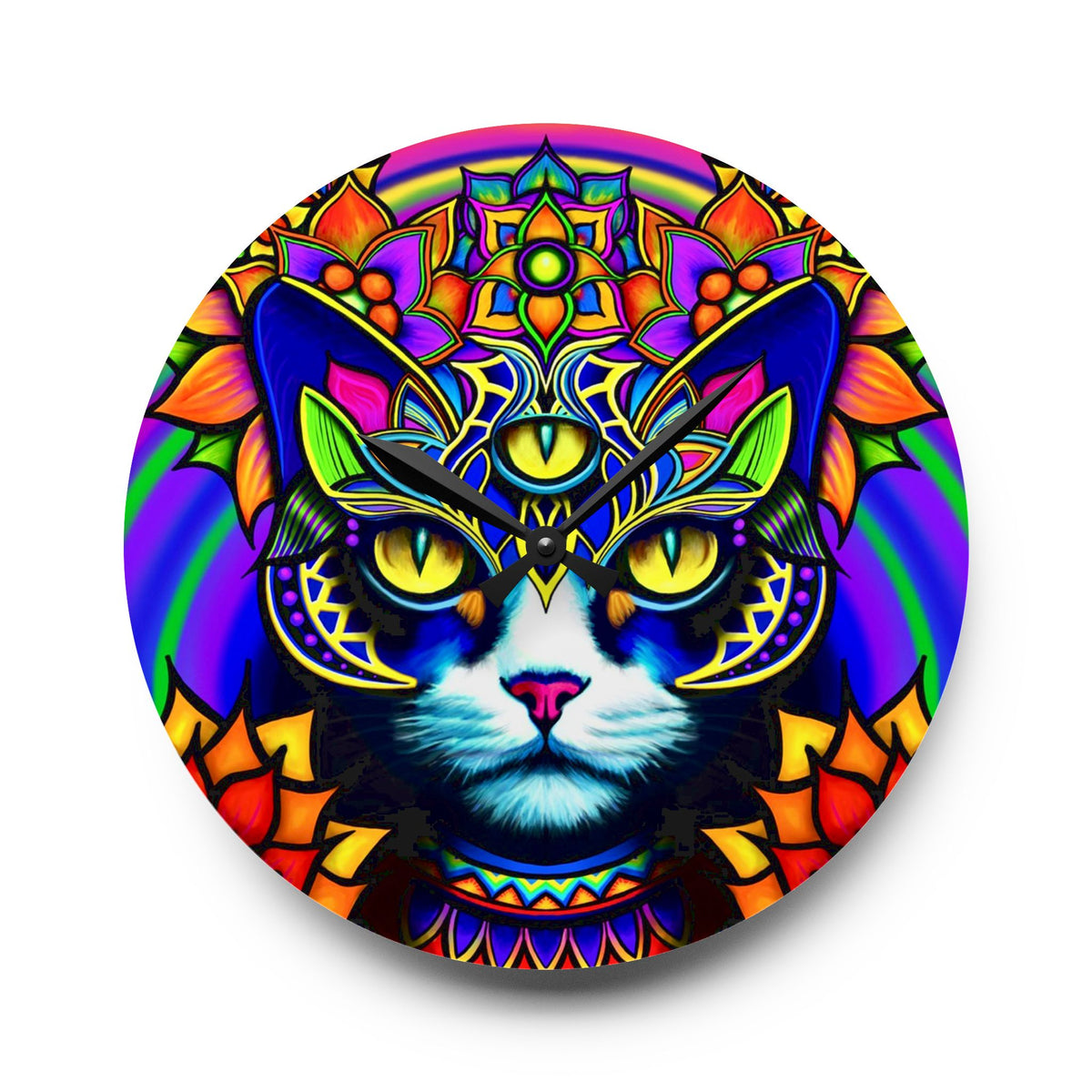 Psychedelic Cat Wall Clock, Bohemian Home Decor, Unique Cat Lover Gift, Psychedelic Clock, Vibrant Clock for Living Room