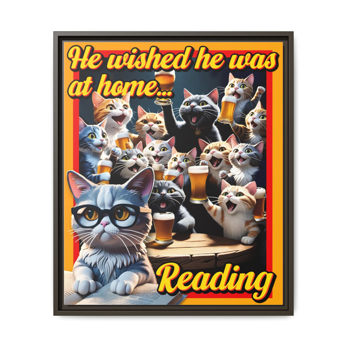 Cat-Themed Framed Canvas Art Print | Perfect Gift for Cat Lovers, Home Decor, Reading Nook, Cat Lover Gift, Fun Wall Art