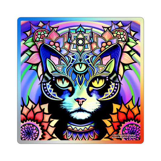Psychedelic Holographic Die-Cut Stickers for Cat Lovers, Unique Vinyl Decals, Colorful Art Stickers, Gift for Holidays, Skateboard Decor