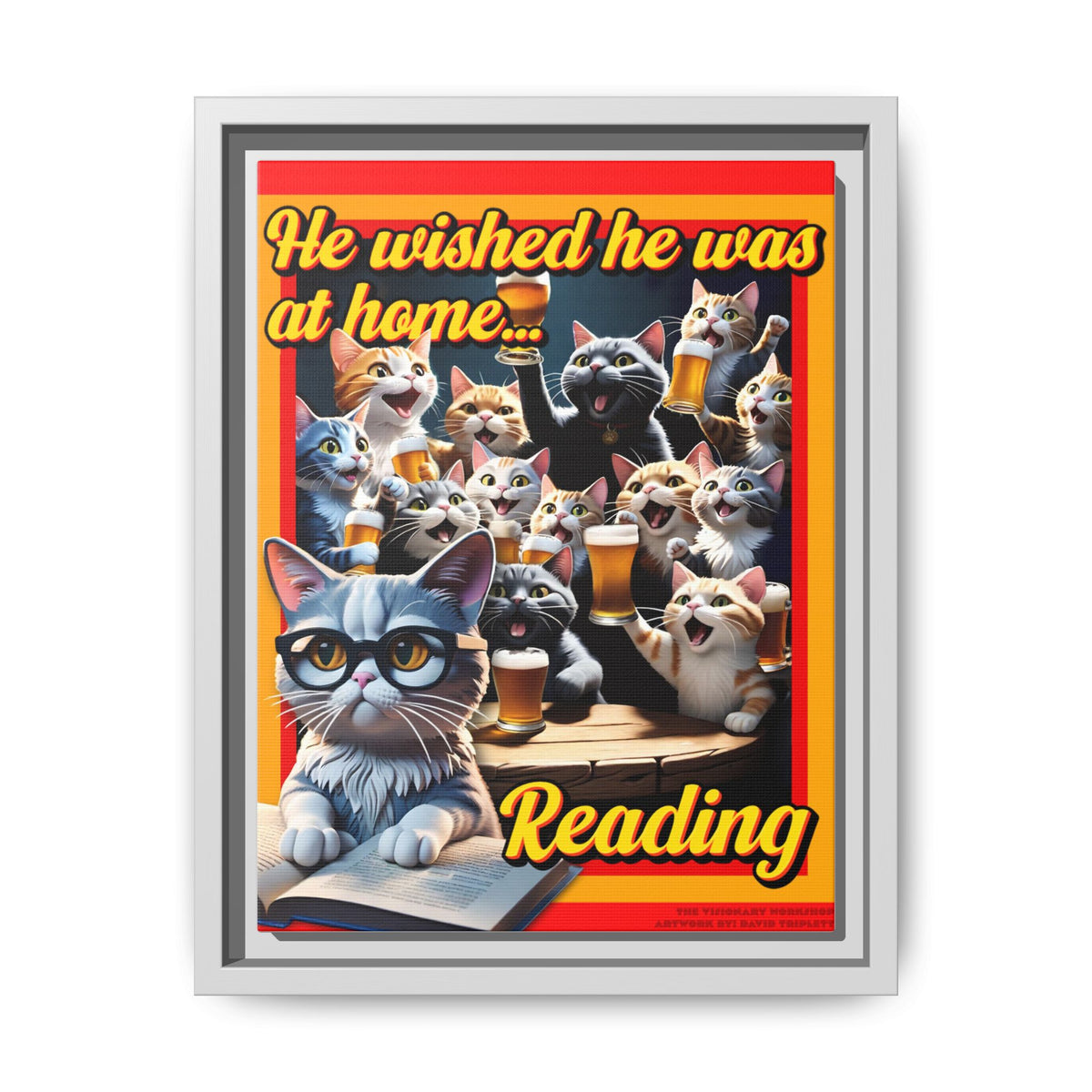 Cat-Themed Framed Canvas Art Print | Perfect Gift for Cat Lovers, Home Decor, Reading Nook, Cat Lover Gift, Fun Wall Art