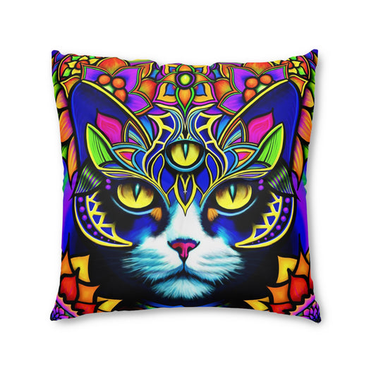 Psychedelic Cat Tufted Floor Pillow | Colorful Decorative Cushion for Cat Lovers, Boho Home Decor, Funky Gift, Art Pillows