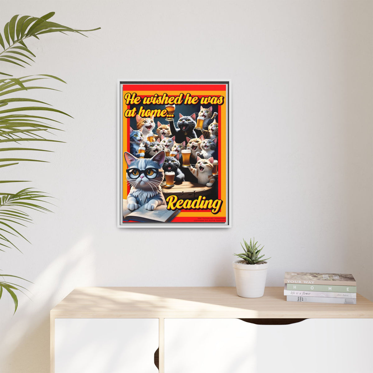 Cat-Themed Framed Canvas Art Print | Perfect Gift for Cat Lovers, Home Decor, Reading Nook, Cat Lover Gift, Fun Wall Art
