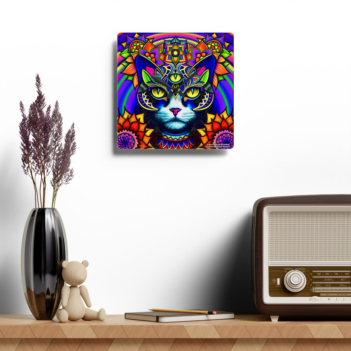 Psychedelic Cat Wall Clock, Bohemian Home Decor, Unique Cat Lover Gift, Psychedelic Clock, Vibrant Clock for Living Room