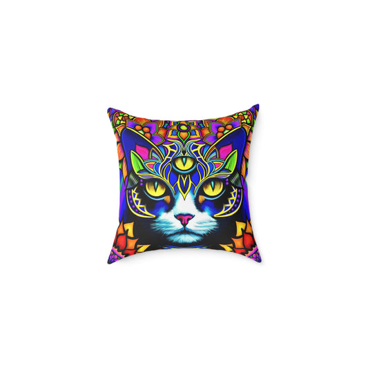 Psychedelic Cat Art Pillow, Colorful Square Throw Cushion, Boho Home Decor, Unique Gift for Cat Lovers, Cozy Accent for Living Room