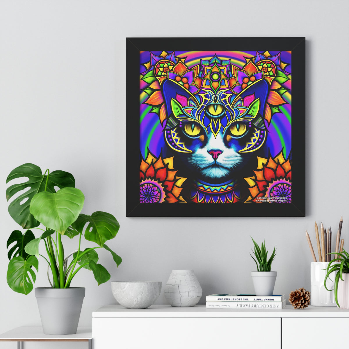 Colorful Cat Framed Vertical Poster, Bohemian Wall Art, Cat Lover Gift, Home Decor, Unique Cat Prints, Vibrant Animal Art