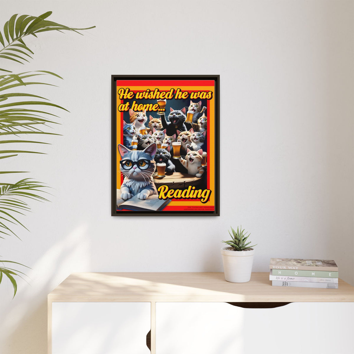 Cat-Themed Framed Canvas Art Print | Perfect Gift for Cat Lovers, Home Decor, Reading Nook, Cat Lover Gift, Fun Wall Art