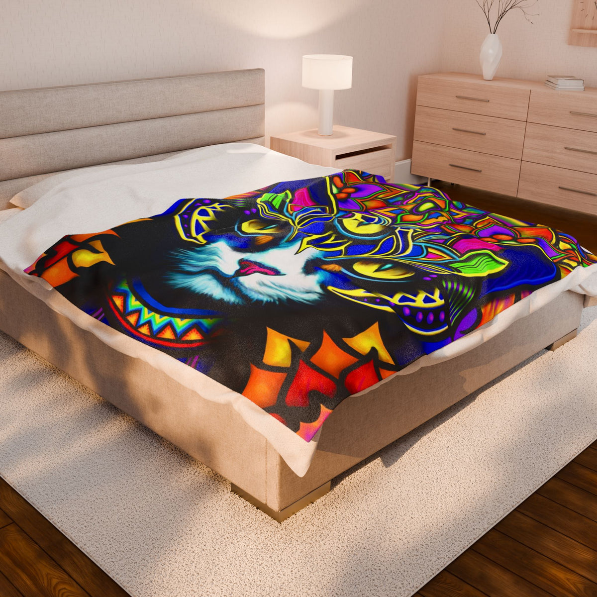 Psychedelic Cat Plush Blanket, Cozy Cat Throw, Colorful Home Decor, Cat Lovers Gift, Unique Living Room Accent