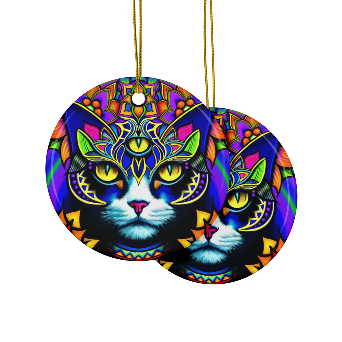 Psychedelic Cat Ceramic Ornaments, Vibrant Holiday Decor, 2-Side Print, Perfect for Christmas, Pet Lovers, Gift Ideas, Home Decor