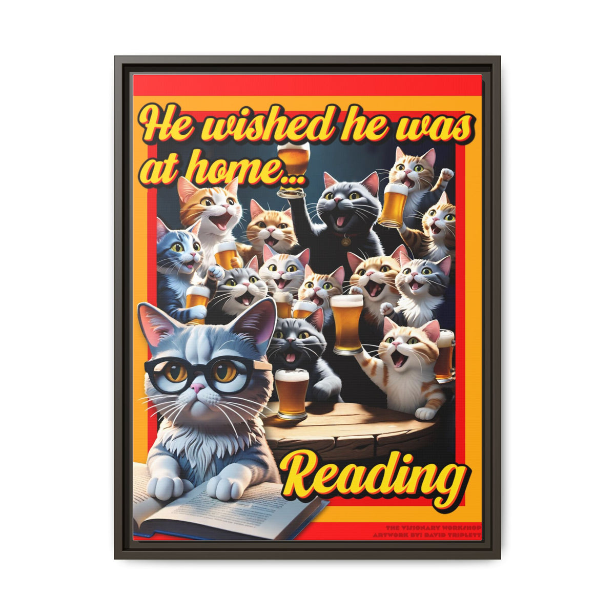 Cat-Themed Framed Canvas Art Print | Perfect Gift for Cat Lovers, Home Decor, Reading Nook, Cat Lover Gift, Fun Wall Art