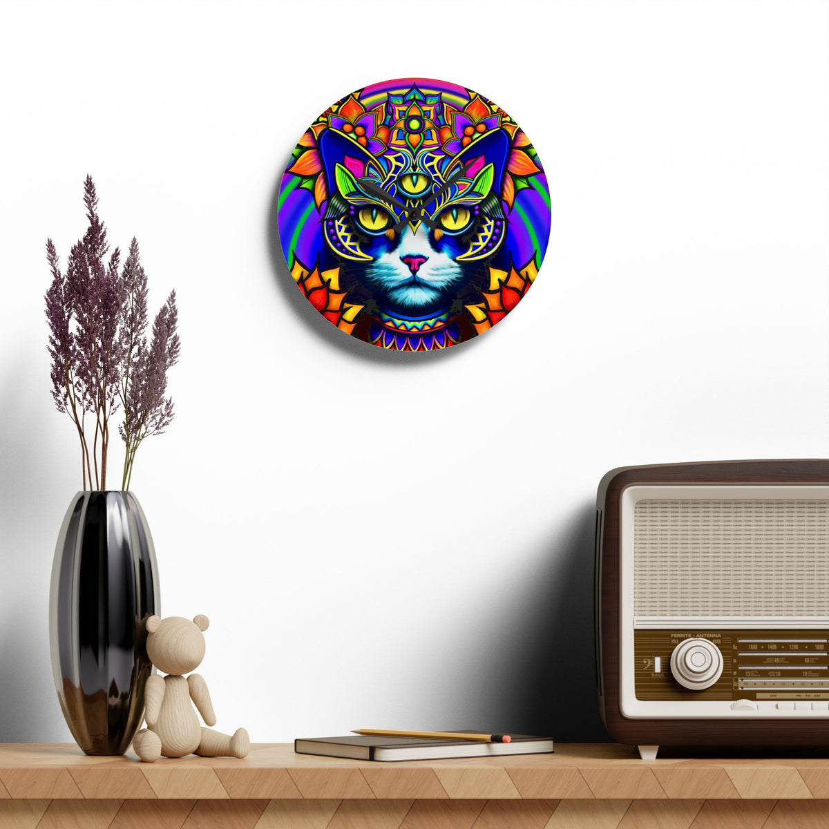 Psychedelic Cat Wall Clock, Bohemian Home Decor, Unique Cat Lover Gift, Psychedelic Clock, Vibrant Clock for Living Room