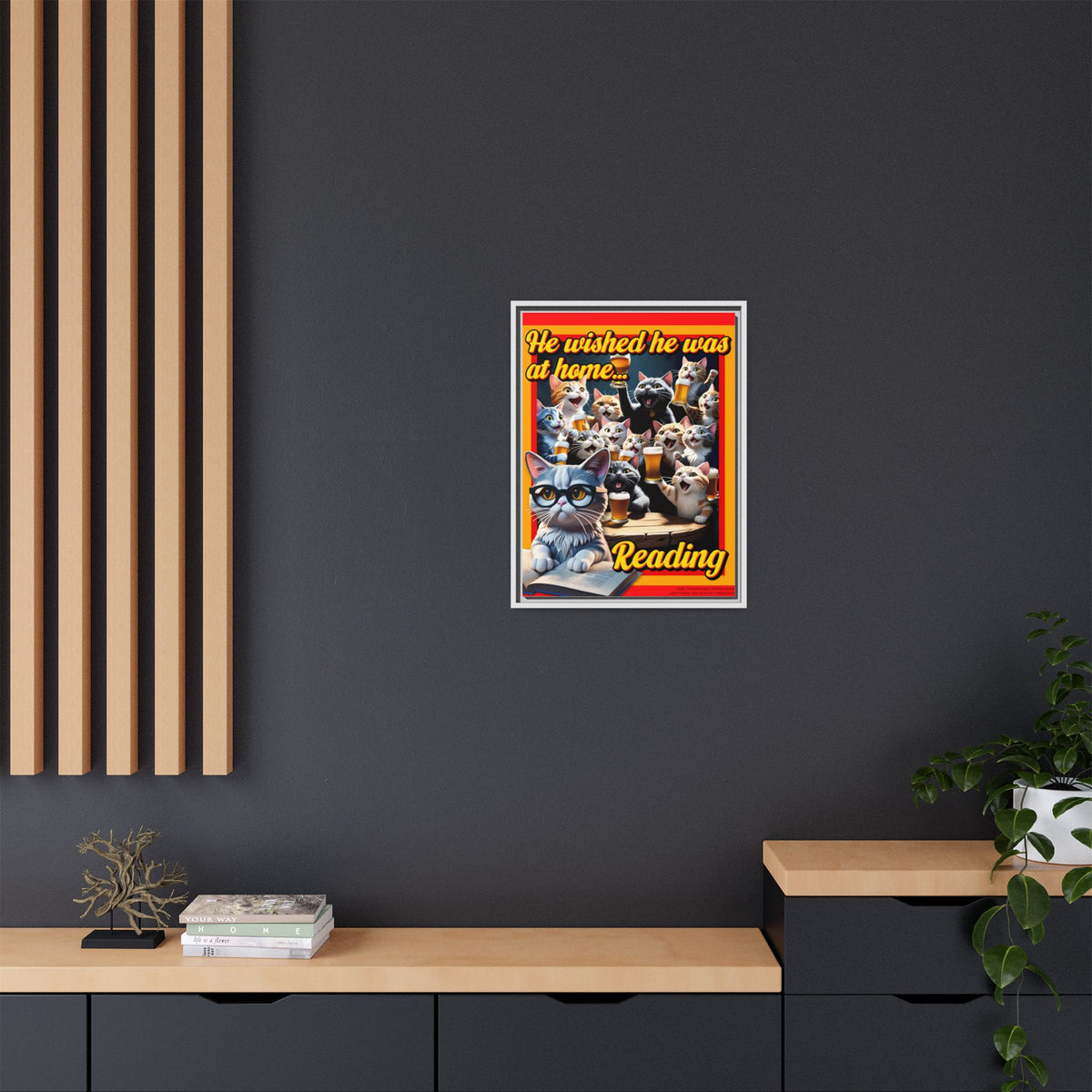Cat-Themed Framed Canvas Art Print | Perfect Gift for Cat Lovers, Home Decor, Reading Nook, Cat Lover Gift, Fun Wall Art