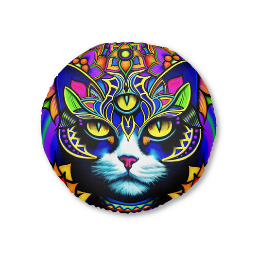 Psychedelic Cat Tufted Floor Pillow, Bohemian Home Decor, Pet Lovers Gift, Round Cushion, Colorful Cat Art, Meditation Pillow