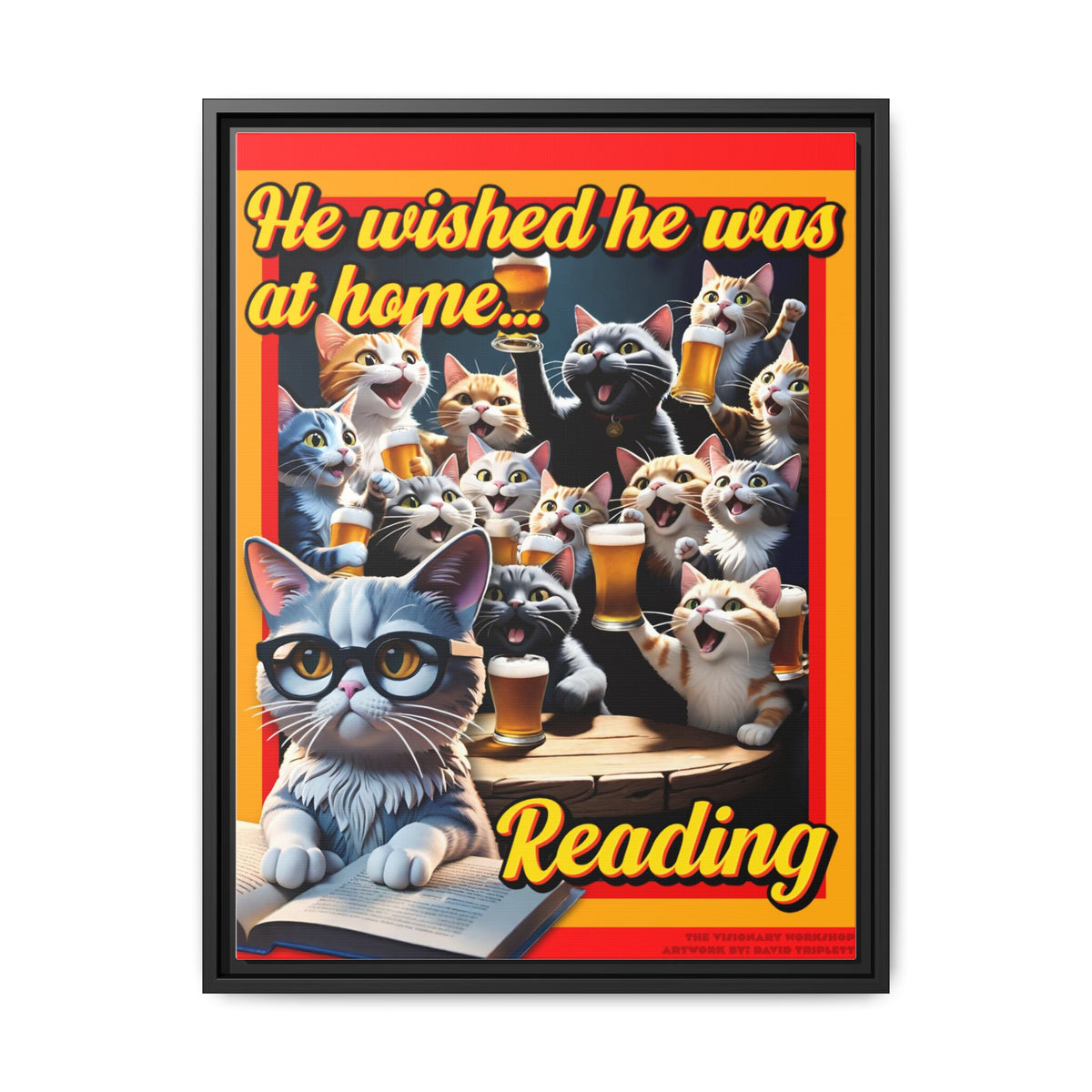 Cat-Themed Framed Canvas Art Print | Perfect Gift for Cat Lovers, Home Decor, Reading Nook, Cat Lover Gift, Fun Wall Art
