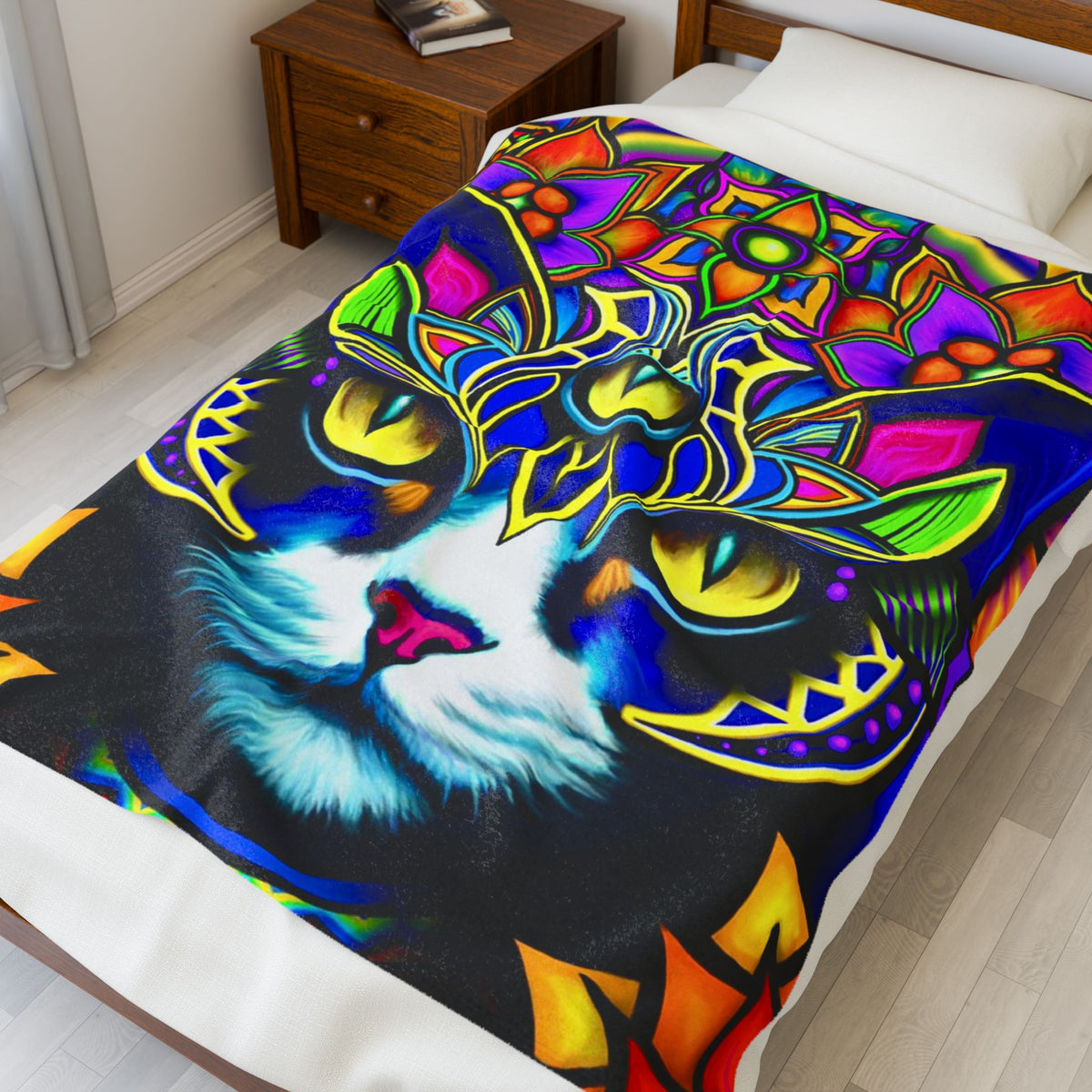 Psychedelic Cat Plush Blanket, Cozy Cat Throw, Colorful Home Decor, Cat Lovers Gift, Unique Living Room Accent