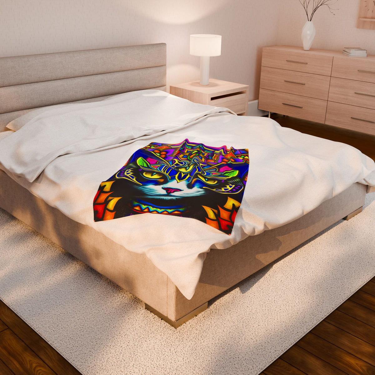 Psychedelic Cat Plush Blanket, Cozy Cat Throw, Colorful Home Decor, Cat Lovers Gift, Unique Living Room Accent