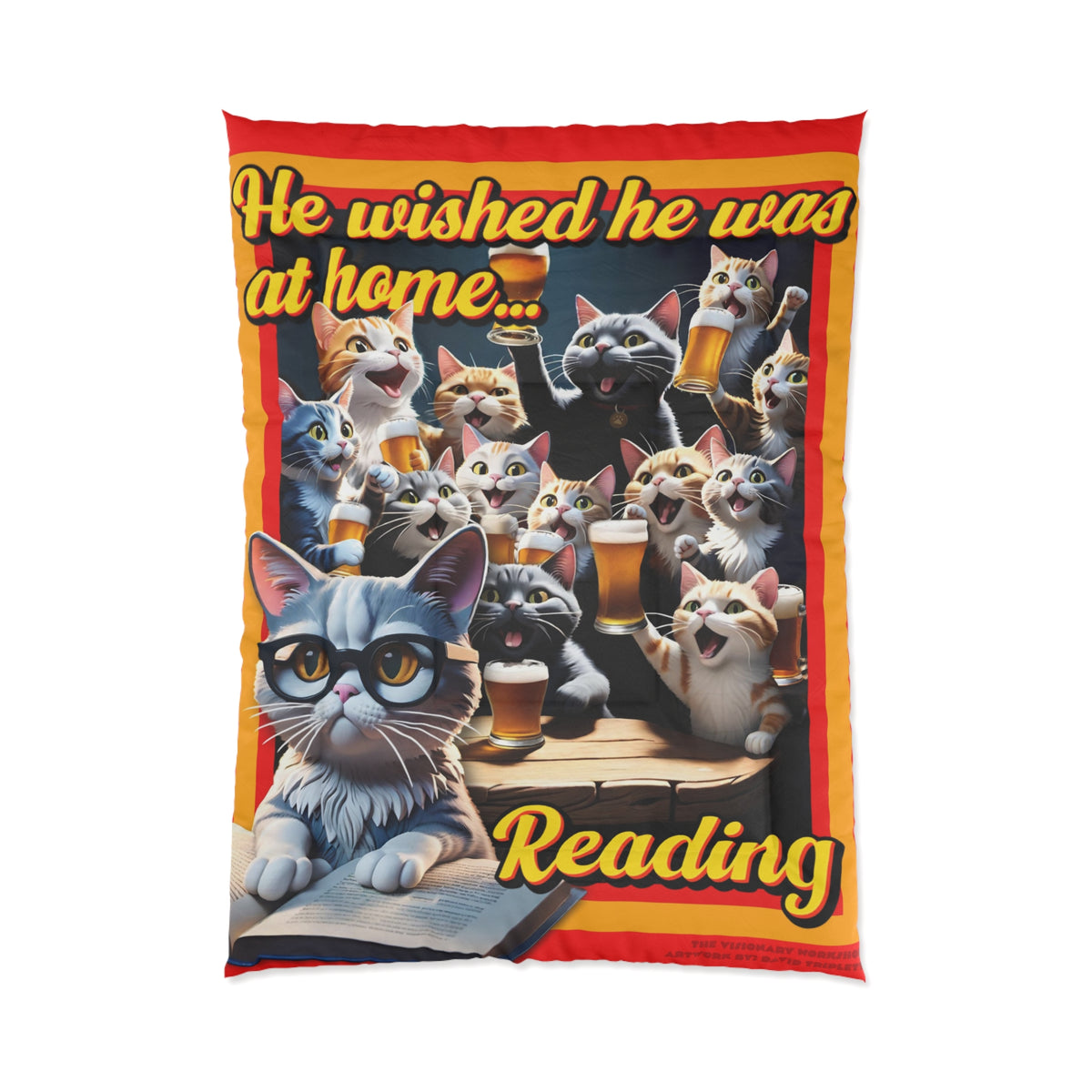Cozy Cat-Themed Comforter for Book Lovers, Whimsical Cat Blanket, Reading Decor, Gift for Cat Lovers, Cat Art Home Bedding