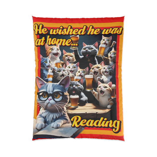 Cozy Cat-Themed Comforter for Book Lovers, Whimsical Cat Blanket, Reading Decor, Gift for Cat Lovers, Cat Art Home Bedding