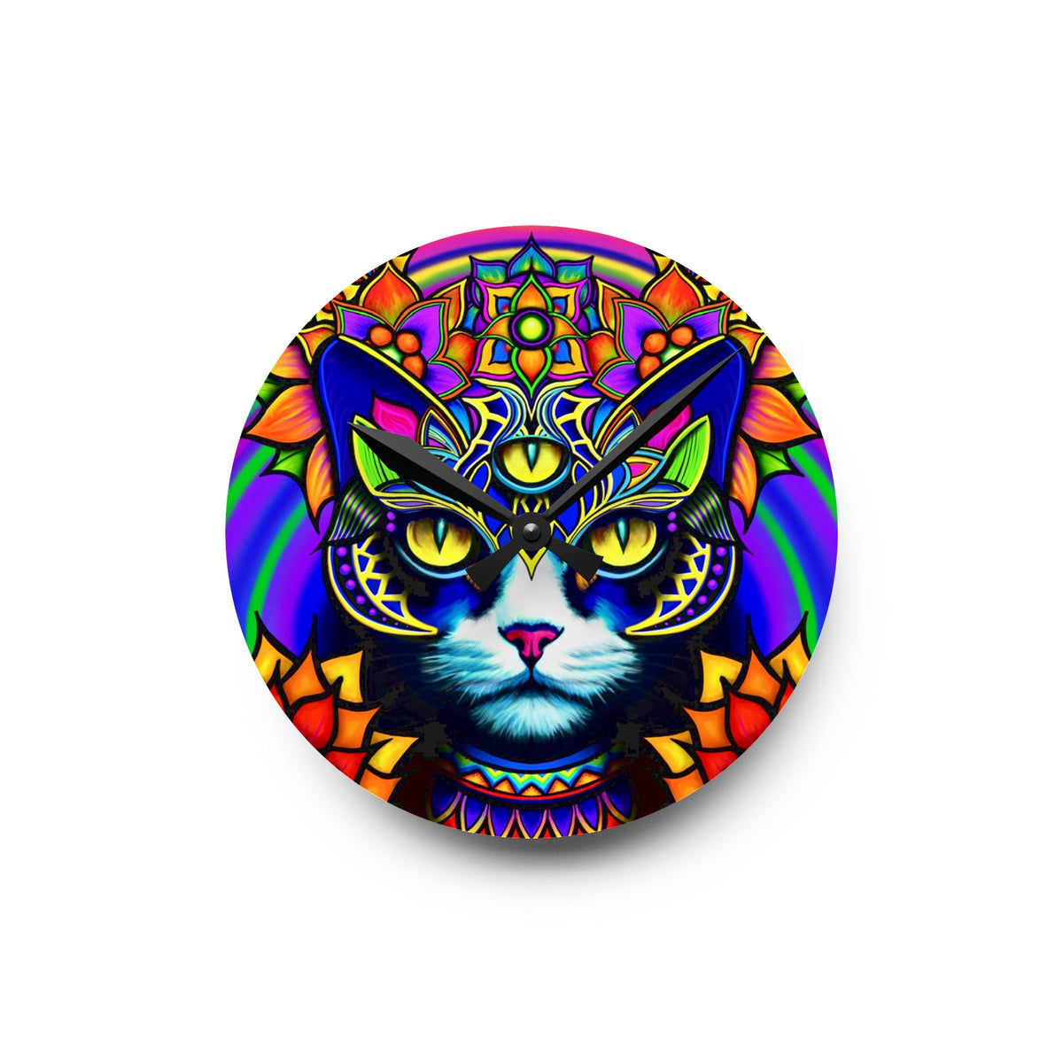 Psychedelic Cat Wall Clock, Bohemian Home Decor, Unique Cat Lover Gift, Psychedelic Clock, Vibrant Clock for Living Room