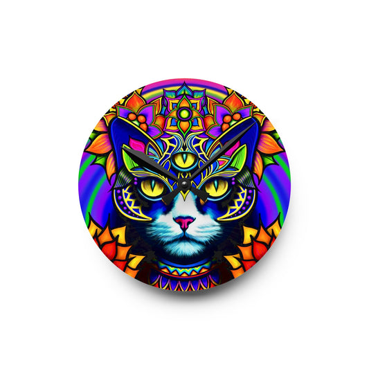 Psychedelic Cat Wall Clock, Bohemian Home Decor, Unique Cat Lover Gift, Psychedelic Clock, Vibrant Clock for Living Room