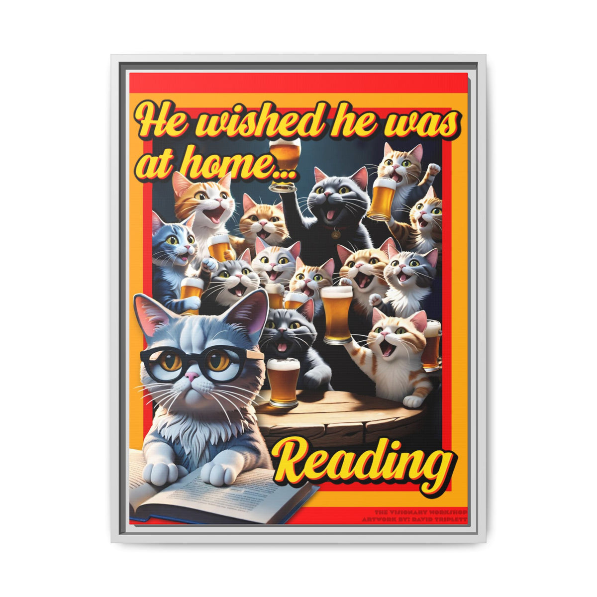 Cat-Themed Framed Canvas Art Print | Perfect Gift for Cat Lovers, Home Decor, Reading Nook, Cat Lover Gift, Fun Wall Art