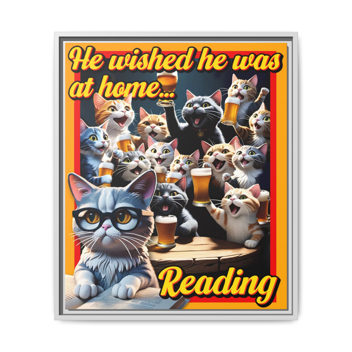 Cat-Themed Framed Canvas Art Print | Perfect Gift for Cat Lovers, Home Decor, Reading Nook, Cat Lover Gift, Fun Wall Art