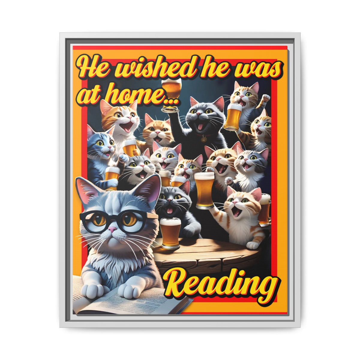 Cat-Themed Framed Canvas Art Print | Perfect Gift for Cat Lovers, Home Decor, Reading Nook, Cat Lover Gift, Fun Wall Art