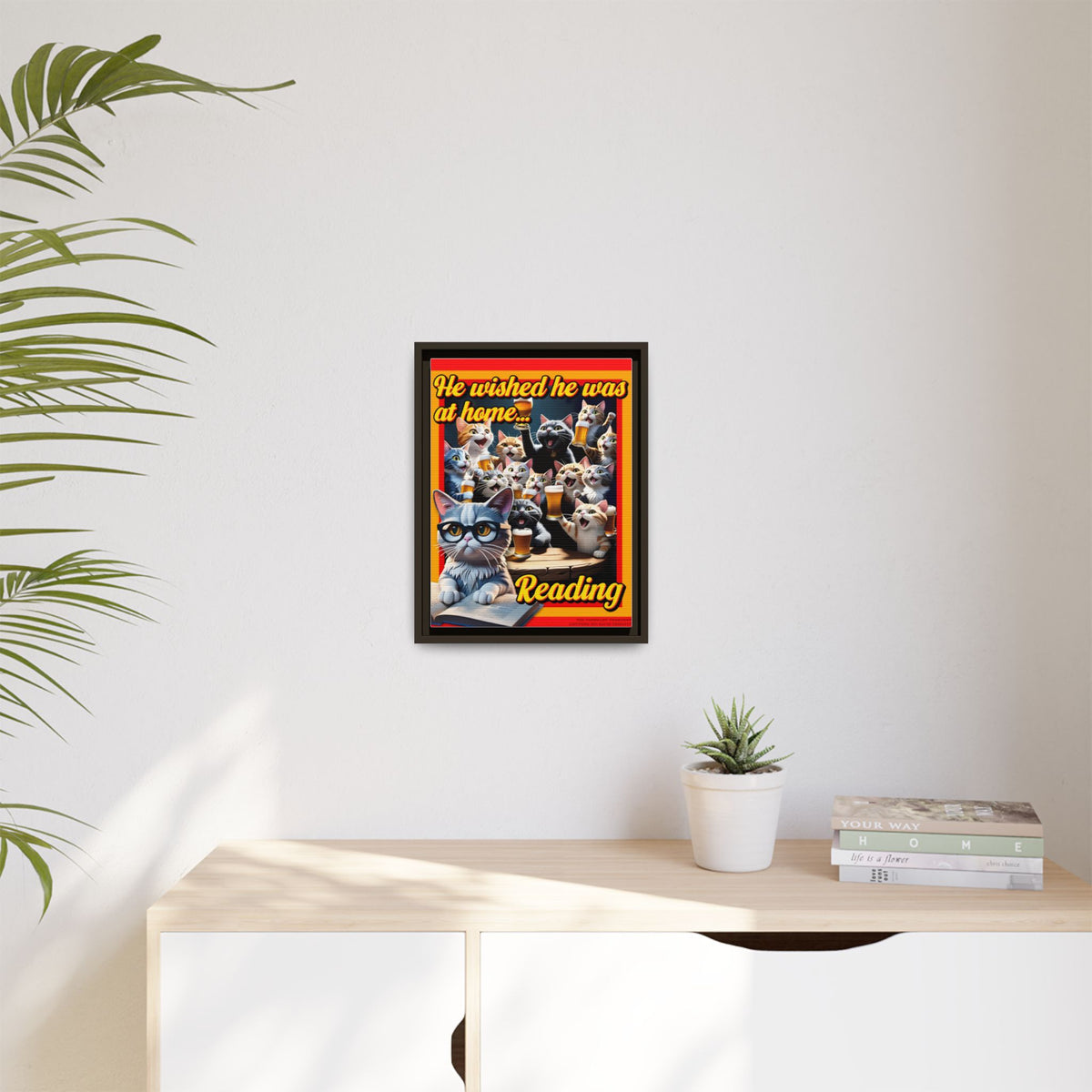 Cat-Themed Framed Canvas Art Print | Perfect Gift for Cat Lovers, Home Decor, Reading Nook, Cat Lover Gift, Fun Wall Art