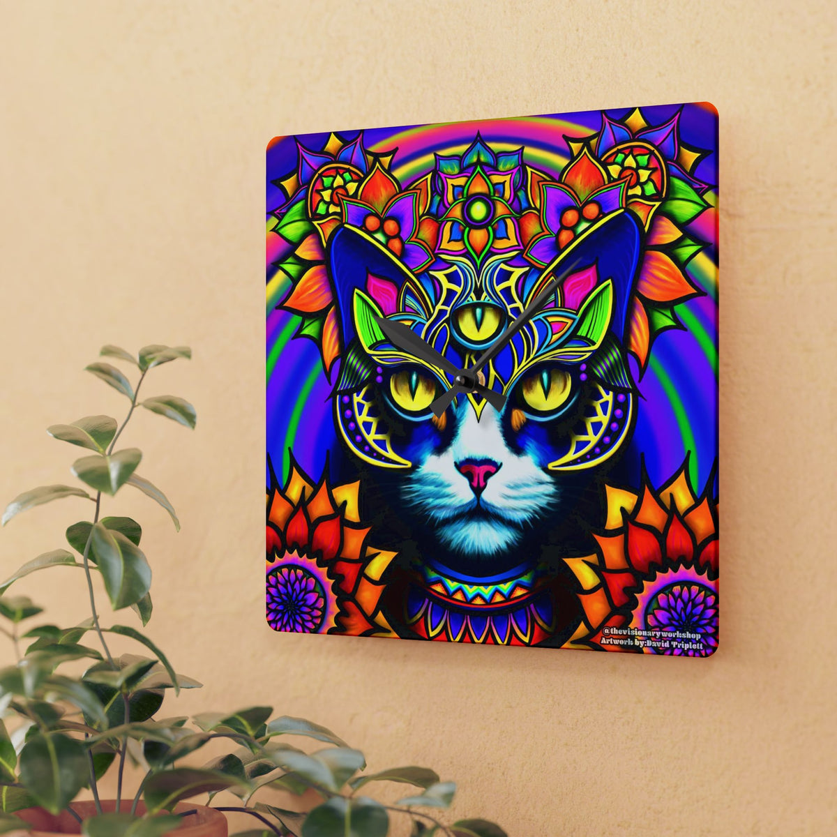 Psychedelic Cat Wall Clock, Bohemian Home Decor, Unique Cat Lover Gift, Psychedelic Clock, Vibrant Clock for Living Room
