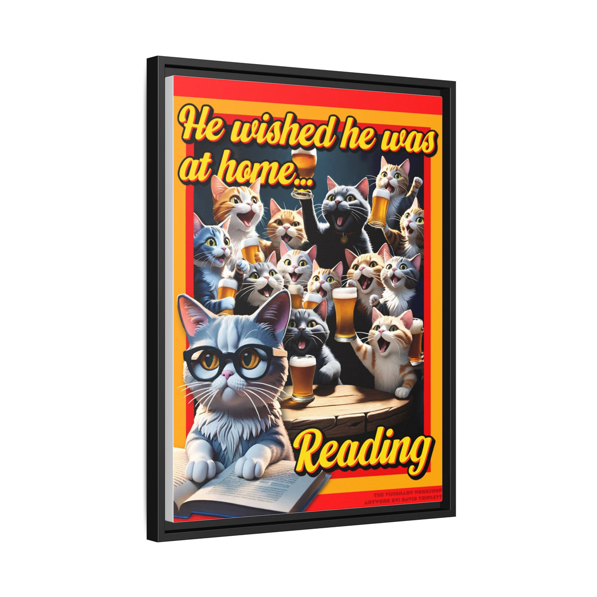 Cat-Themed Framed Canvas Art Print | Perfect Gift for Cat Lovers, Home Decor, Reading Nook, Cat Lover Gift, Fun Wall Art