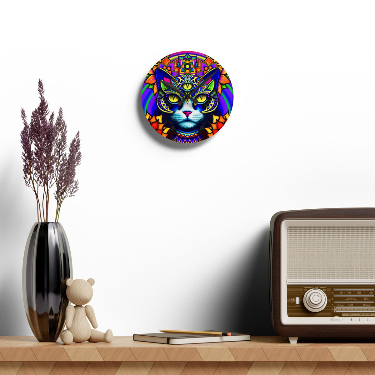 Psychedelic Cat Wall Clock, Bohemian Home Decor, Unique Cat Lover Gift, Psychedelic Clock, Vibrant Clock for Living Room