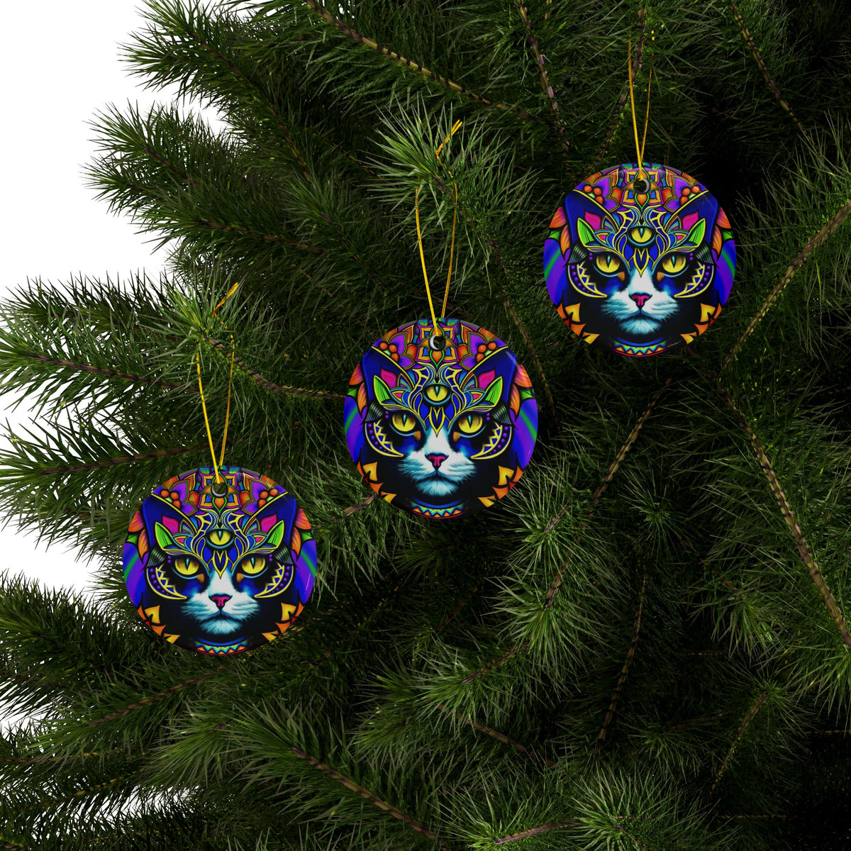 Psychedelic Cat Ceramic Ornaments, Vibrant Holiday Decor, 2-Side Print, Perfect for Christmas, Pet Lovers, Gift Ideas, Home Decor