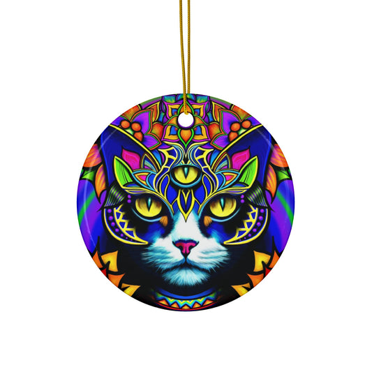 Psychedelic Cat Ceramic Ornaments, Vibrant Holiday Decor, 2-Side Print, Perfect for Christmas, Pet Lovers, Gift Ideas, Home Decor