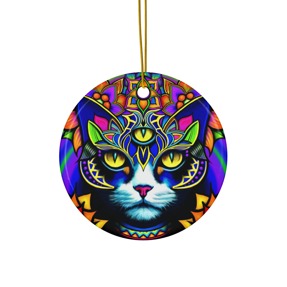 Psychedelic Cat Ceramic Ornaments, Vibrant Holiday Decor, 2-Side Print, Perfect for Christmas, Pet Lovers, Gift Ideas, Home Decor