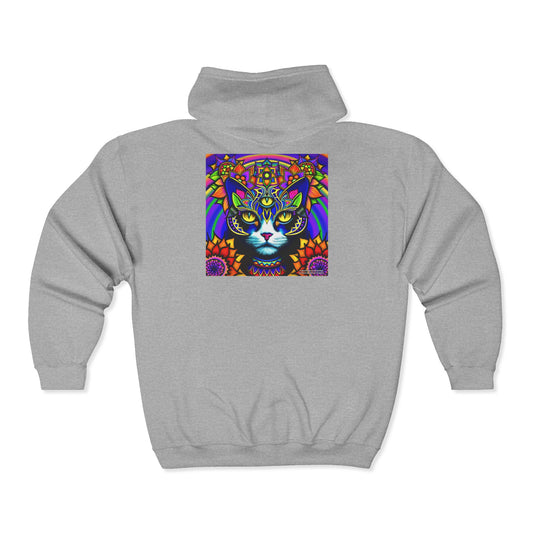 Psychedelic Cat Cozy Unisex Zip Hoodie for Comfort Lovers, Perfect for Fall, Casual Style, Gift for Birthdays, Everyday Wear, Relaxation