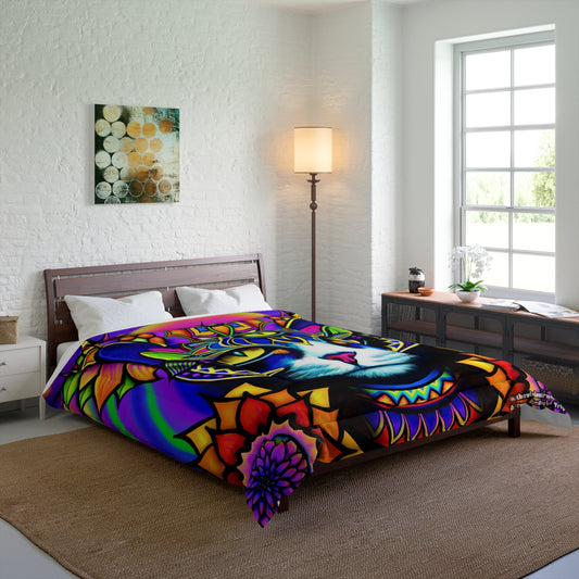 Psychedelic Cat Comforter, Colorful Cat Blanket, Bohemian Bedding, Funky Home Décor, Gift for Cat Lovers