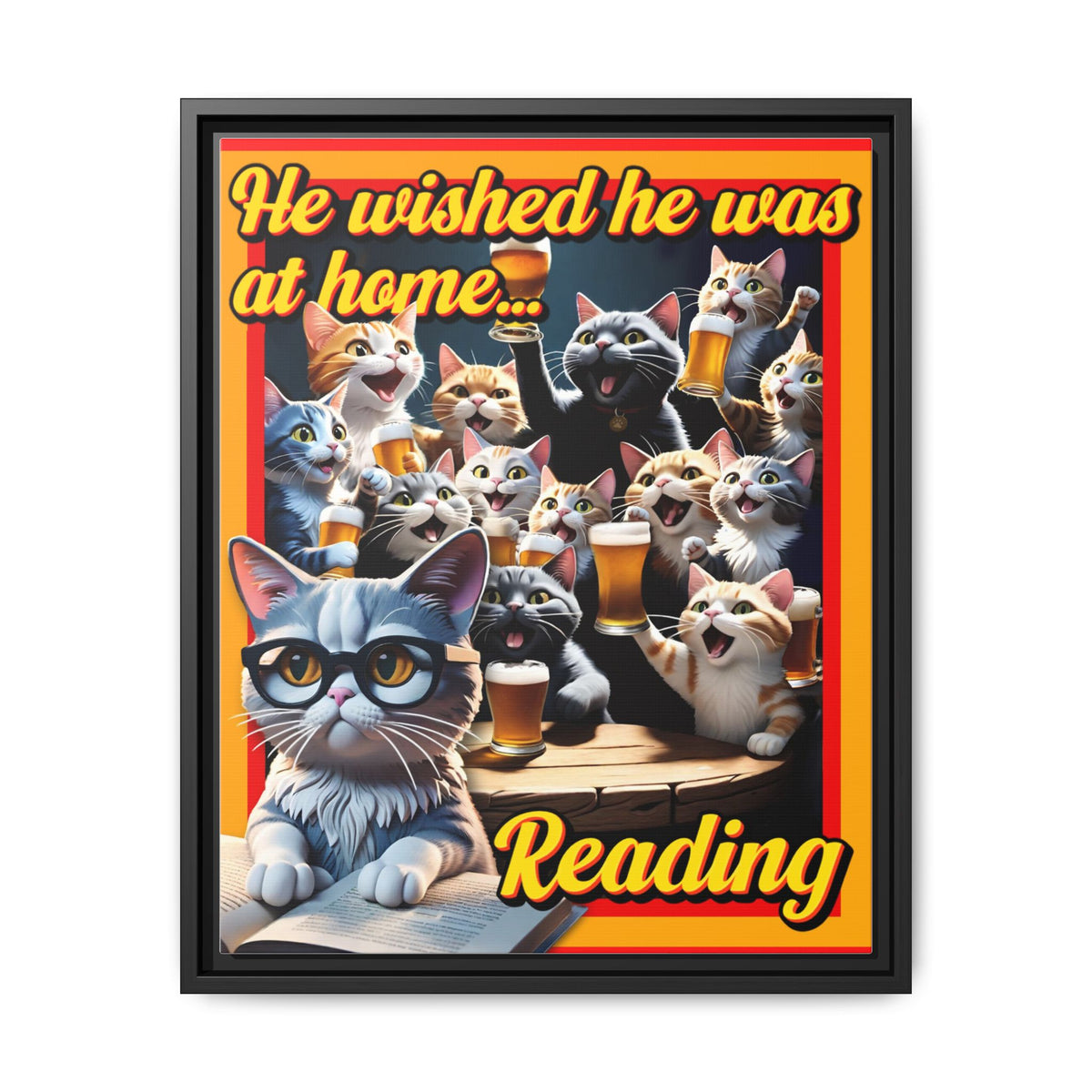 Cat-Themed Framed Canvas Art Print | Perfect Gift for Cat Lovers, Home Decor, Reading Nook, Cat Lover Gift, Fun Wall Art