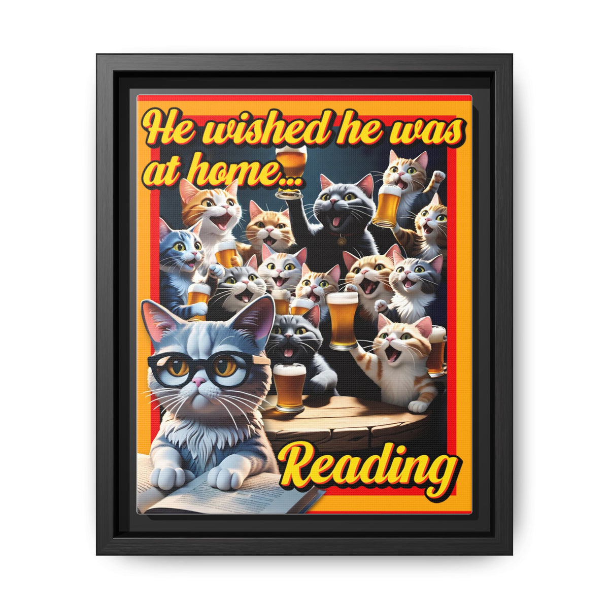 Cat-Themed Framed Canvas Art Print | Perfect Gift for Cat Lovers, Home Decor, Reading Nook, Cat Lover Gift, Fun Wall Art
