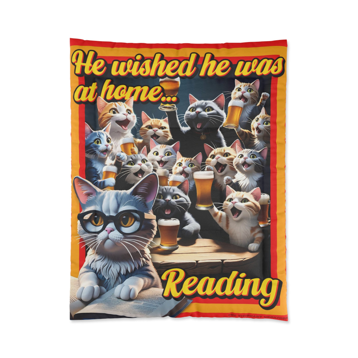 Cozy Cat-Themed Comforter for Book Lovers, Whimsical Cat Blanket, Reading Decor, Gift for Cat Lovers, Cat Art Home Bedding