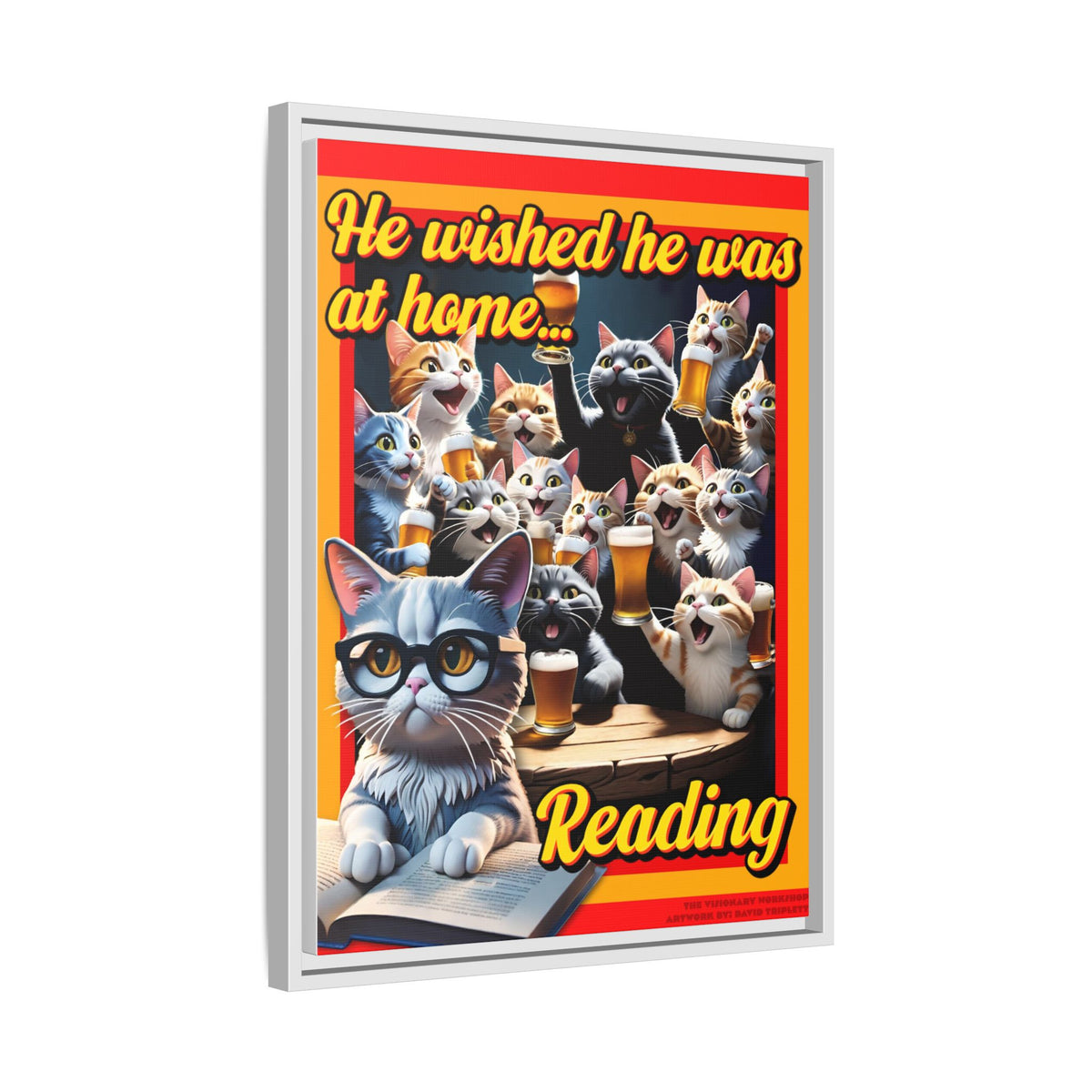 Cat-Themed Framed Canvas Art Print | Perfect Gift for Cat Lovers, Home Decor, Reading Nook, Cat Lover Gift, Fun Wall Art