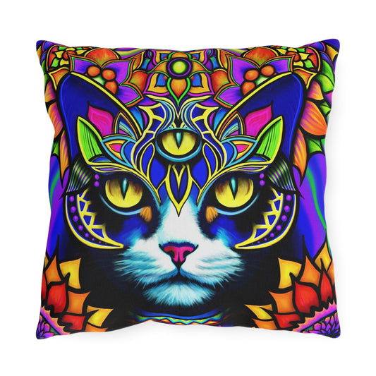 Psychedelic Cat Outdoor Pillow | Garden Decor, Pet Lover Gift, Colorful Patio Cushion, Boho Home Accessory, Artistic Throw Pillow