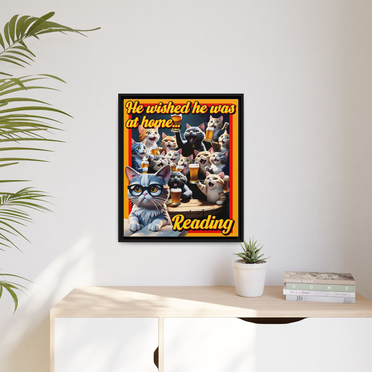 Cat-Themed Framed Canvas Art Print | Perfect Gift for Cat Lovers, Home Decor, Reading Nook, Cat Lover Gift, Fun Wall Art