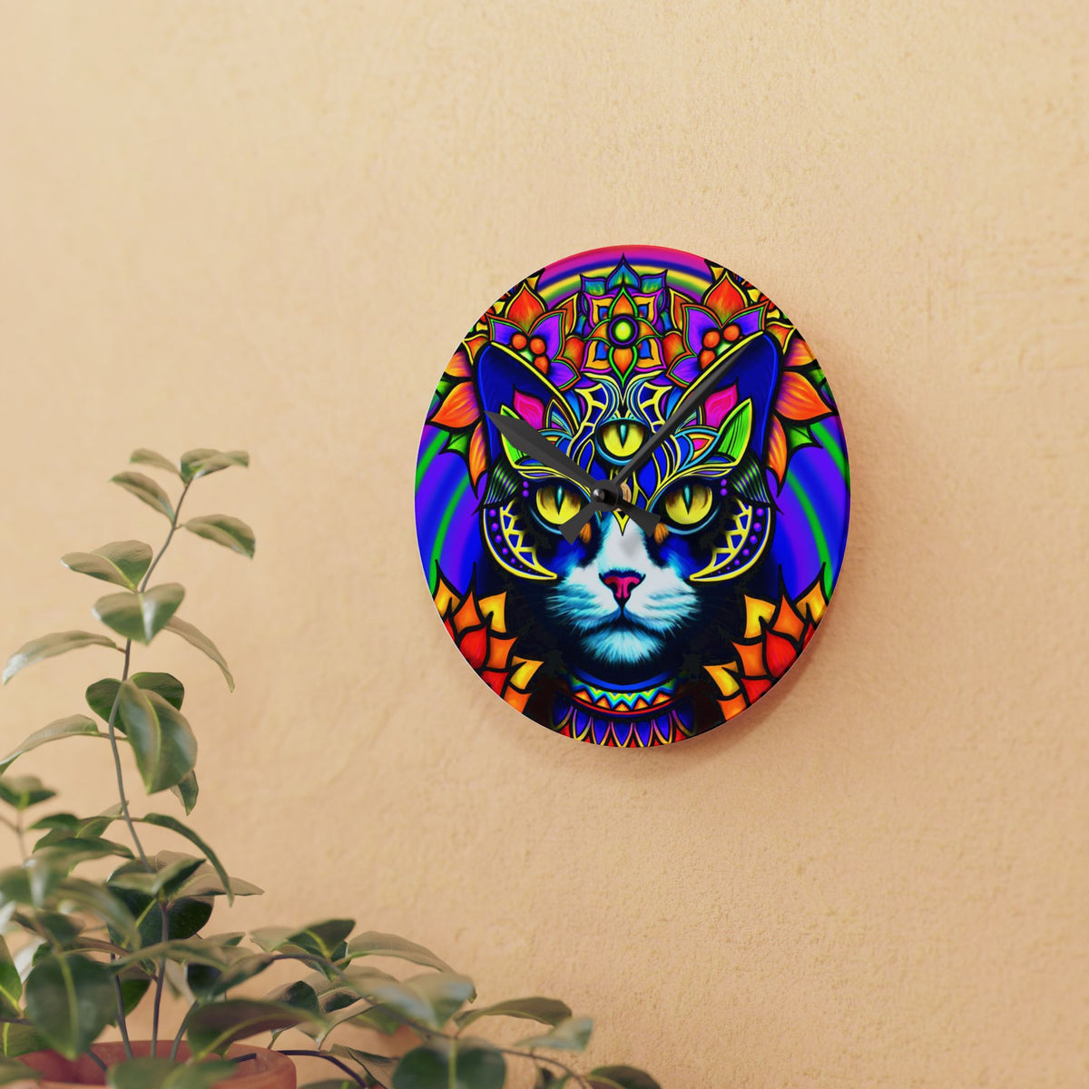 Psychedelic Cat Wall Clock, Bohemian Home Decor, Unique Cat Lover Gift, Psychedelic Clock, Vibrant Clock for Living Room