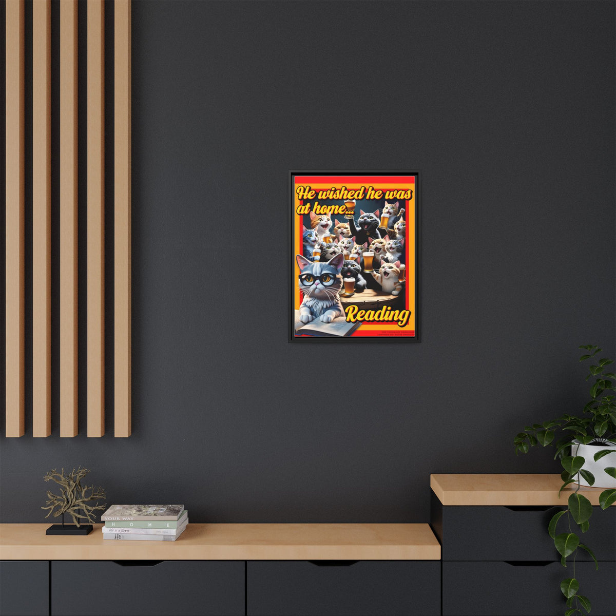Cat-Themed Framed Canvas Art Print | Perfect Gift for Cat Lovers, Home Decor, Reading Nook, Cat Lover Gift, Fun Wall Art