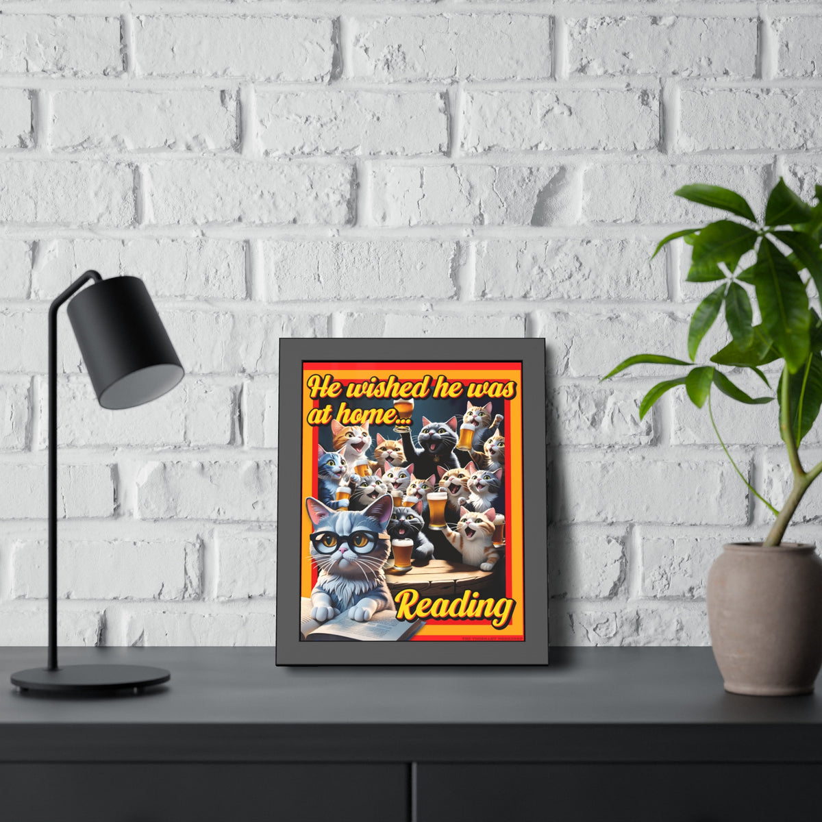He Wished He Was At Home Reading -Themed Framed Paper Posters, Ideal for Cat Lovers, Home Decor, Reading Nook Decor, Gift for Bookworms, Cat Enthusiast Decor