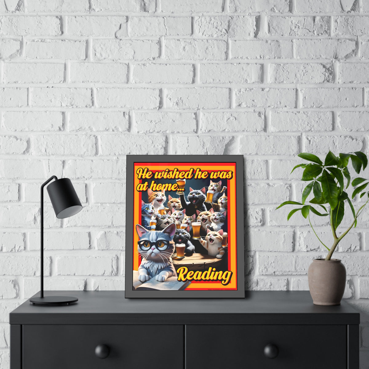 He Wished He Was At Home Reading -Themed Framed Paper Posters, Ideal for Cat Lovers, Home Decor, Reading Nook Decor, Gift for Bookworms, Cat Enthusiast Decor