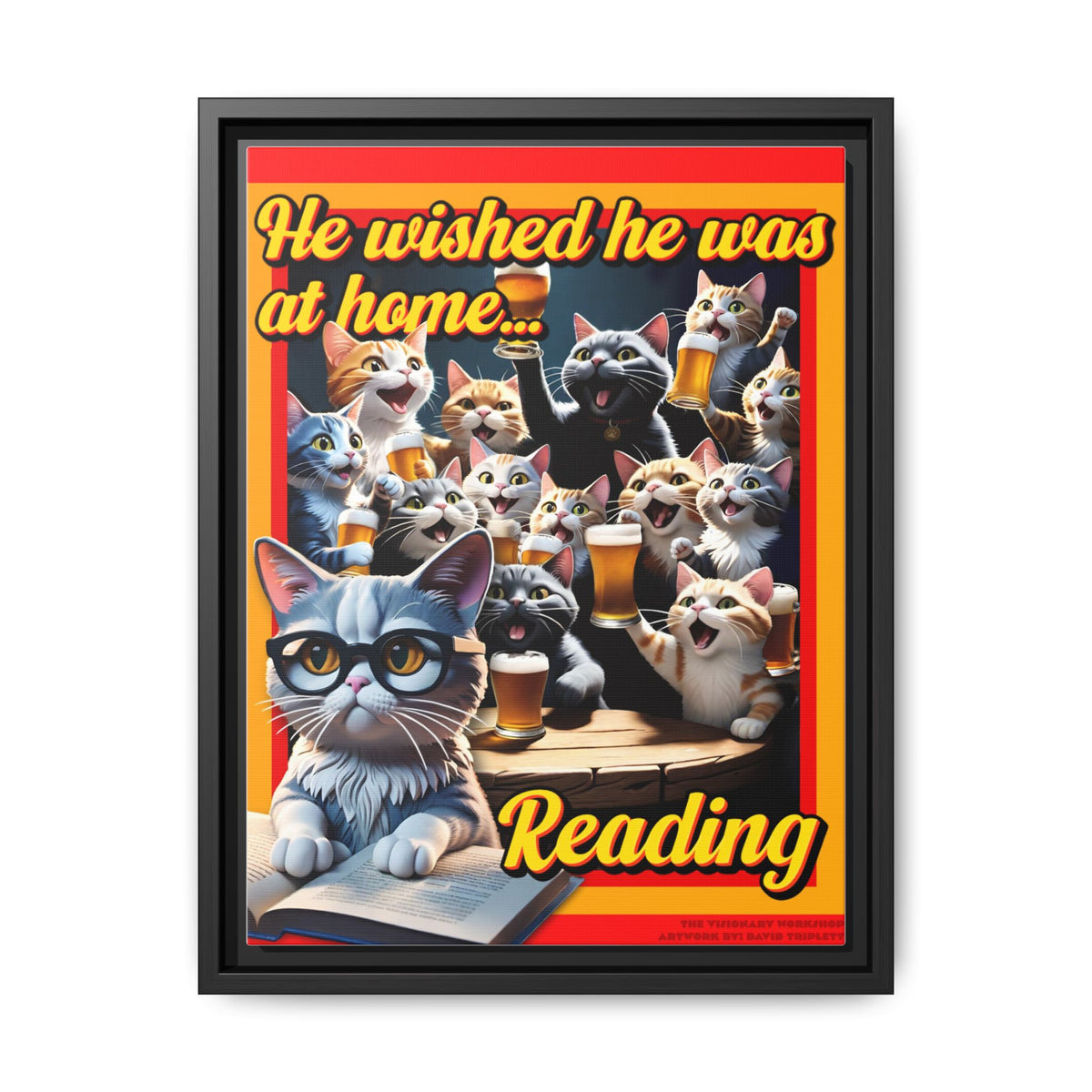 Cat-Themed Framed Canvas Art Print | Perfect Gift for Cat Lovers, Home Decor, Reading Nook, Cat Lover Gift, Fun Wall Art