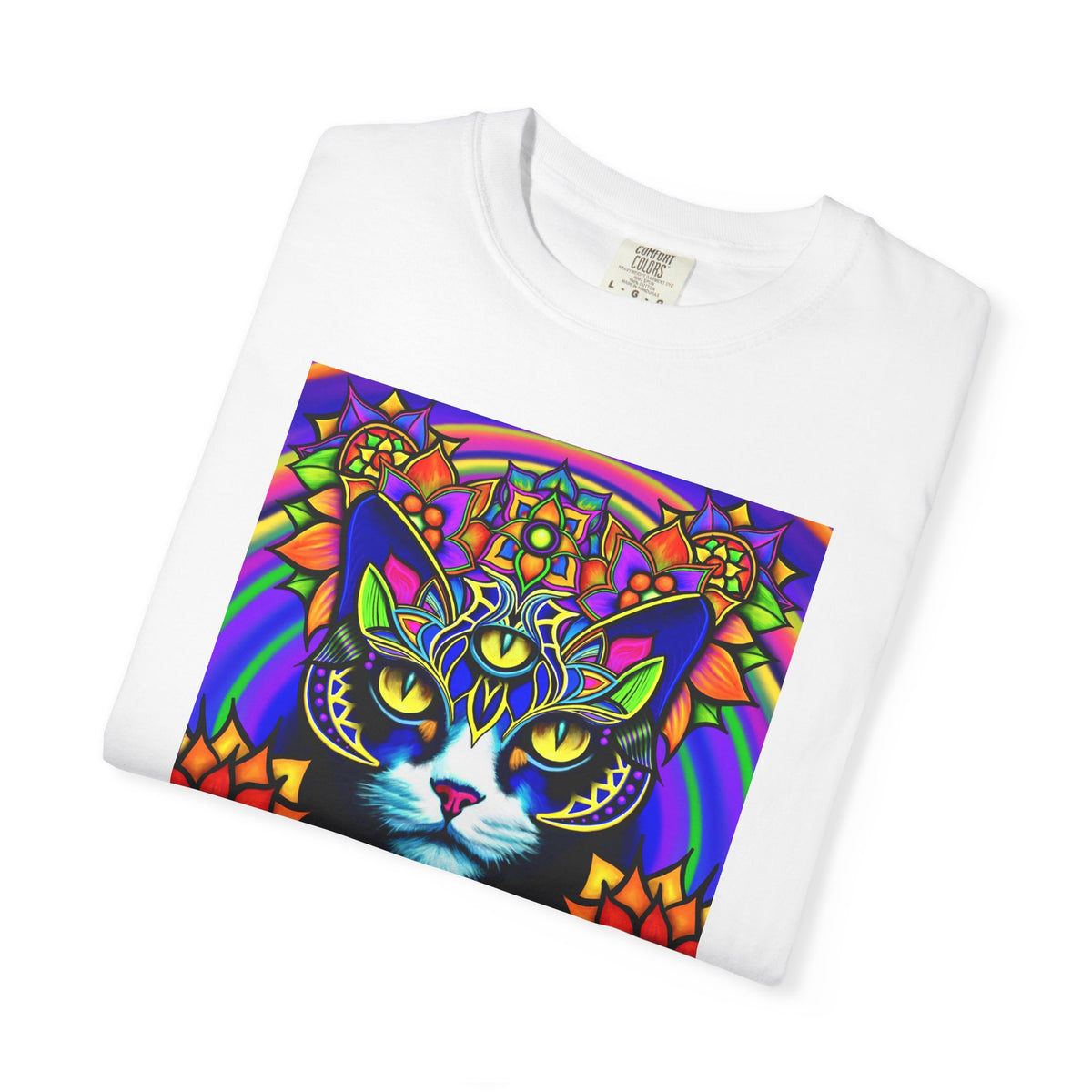 Psychedelic Cat T-Shirt, Vibrant Cat Tee, Unisex Graphic Shirt, Bohemian Style Top, Artistic Gift for Cat Lovers